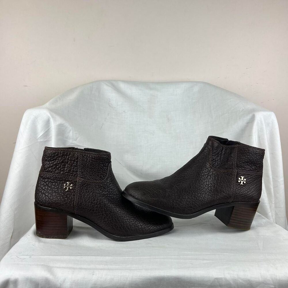 Tory Burch Fulton Dark Brown Leather Zip Bootie Ankle Boot Heel US 8